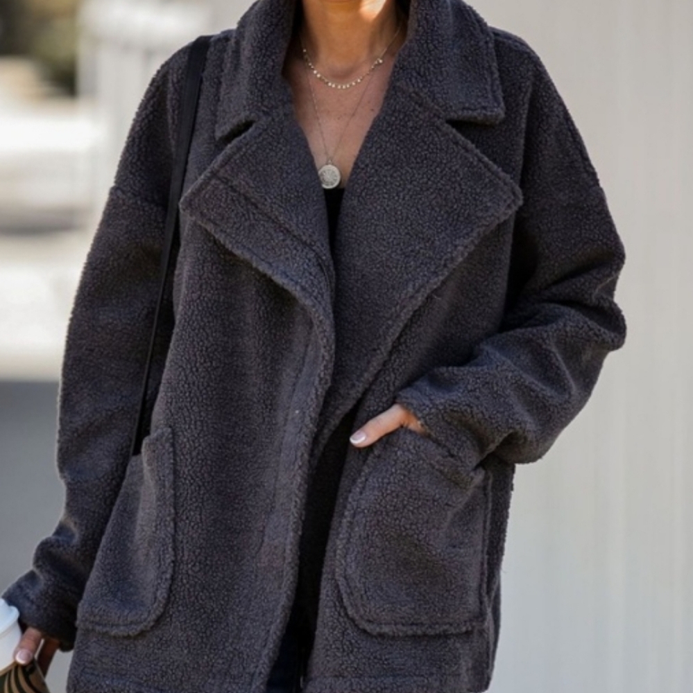 VICI Collection City Scene Pocketed Teddy Coat- Charcoal